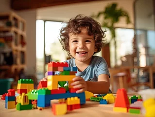 Foto op Canvas young kid playing with blocks at home, ai generated © Fotostockerspb