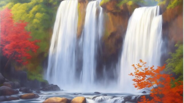 waterfall in the forest, waterfall, painting, travel, Wallpaper, nature, Beautiful waterfall painting, painting, drawing, oilpaint, waterfall picture, cataract, 