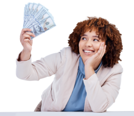 Money, cash and woman thinking of business investment, financial success and winning, loan or profit ideas. Winner or african person with cash goals and offer isolated on transparent, png background