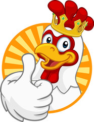 A chicken rooster cockerel bird cartoon character in a kings gold crown giving a thumbs up