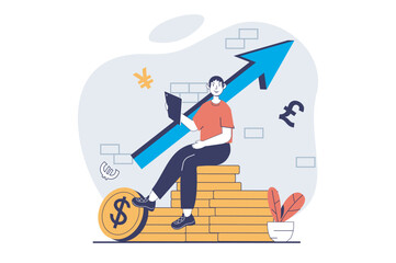 Global economic concept with people scene in flat design for web. Businessman invests money and analyzes world financial exchanges. Vector illustration for social media banner, marketing material.