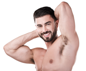 Arm muscle, man and portrait with a smile, health and fitness isolated on a transparent png background. Flexing, bodybuilder and biceps, wellness and strong body with exercise results and progress