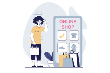 Mobile commerce concept with people scene in flat design for web. Woman choosing goods in assortment of online store in mobile app. Vector illustration for social media banner, marketing material.