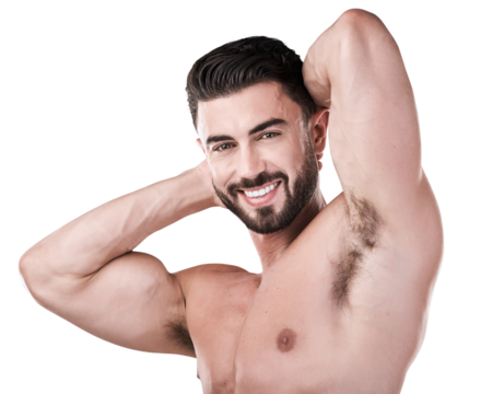 Arm muscle, man and portrait with a smile, health and fitness isolated on a transparent png background. Flexing, bodybuilder and biceps, wellness and strong body with exercise results and progress