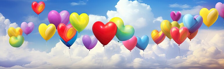 Fototapeta na wymiar rainbow heart shaped balloon floating in the sky, lgbt concept