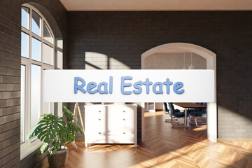 real estate; search box text floating in air in luxurious loft apartment with window and garden; minimalistic interior living room design; 3D Illustration