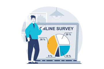 Online survey concept with people scene in flat design for web. Man analyzes quiz results in diagram with percentage of answers. Vector illustration for social media banner, marketing material.