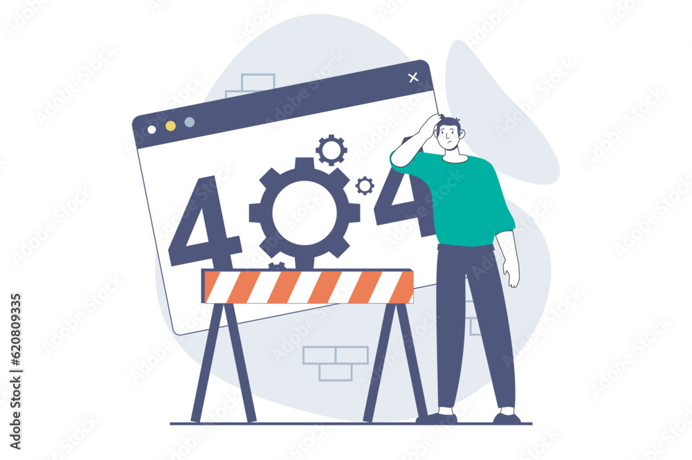 Poster Page not found concept with people scene in flat design for web. Man sees connection problems message and under construction sign. Vector illustration for social media banner, marketing material.