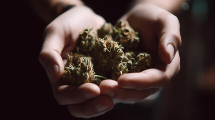 Close up of hand  holding Cannabis Marijuana Dry Buds, selective focus, a black background. Generate AI
