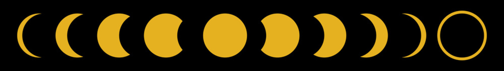 Simple image of phases of the moon month. Stars and moon icons on a black blank simple background. For designs or wallpaper use. Decorative element. Astronomy ornamental illustration beautiful image.