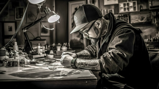 arm art artist studio, tattooed man in art workshop, made with Generative AI