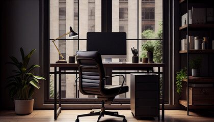 Interior of a office. Empty office with desk and chair, remote work pandemic work from home concept Ai generated image