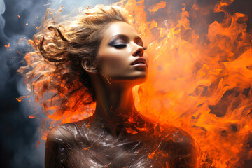 Abstract portrait of fire disintegrating woman, bow down, side view  , Generative Ai