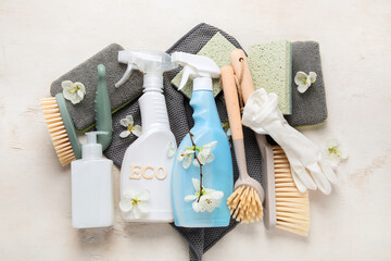 Eco friendly natural cleaners, cleaning products, chemical detergent bottles.