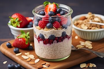 glas of overnight oats with mixed berries - created using generative AI tools