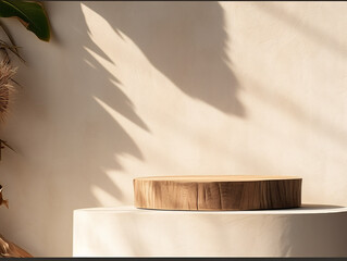Natural Log Wood Podium Table Illuminated by Sunlight, with Tropical Banana Tree Shadow Casting on a Beige Concrete Wall. A Serene Background for Displaying Organic Cosmetic Generative ai