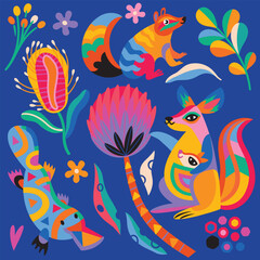 Fototapeta na wymiar Cute abstract Australian animals, flowers and leaves. Vector illustration