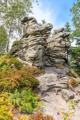 Lonely rock on the red tourist trail between the rock towns of Błędne Skały and Szczeliniec Wielki in the Central Sudetes in the Stolowe Mountains (Poland) © IwoiWo