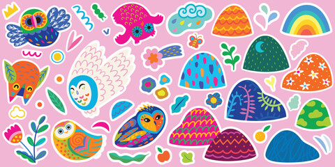 Big sticker set with decorative owls, leaves and hills. Vector illustration