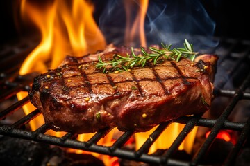 Steaks on a grill with flames and smoke photo