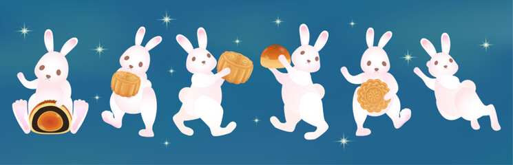 A set of moon rabbits in different poses, holding moon cakes, standing, jumping, suitable for Mid-Autumn Festival