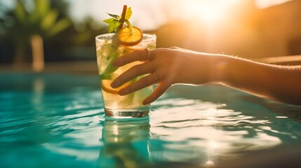 Beautiful American female hand holding Mojito Cocktail in glass garnished with mint on hotel resort, woman relaxing, drinking, swimming pool background, bokeh, summer, bright sunlight, AI Generated. © Vladislava