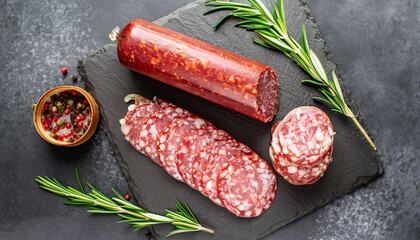 Sausage Salami with fresh rosemary and spices. stone stone background. View from above.