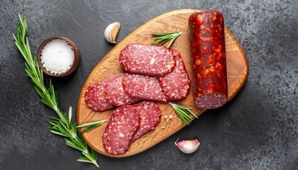Sausage Salami with fresh rosemary and spices. stone stone background. View from above.
