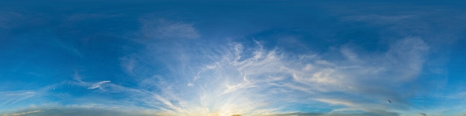 Sunset sky panorama with bright glowing pink Cirrus clouds. HDR 360 seamless spherical panorama. Full zenith or sky dome for 3D visualization, sky replacement for aerial drone panoramas.