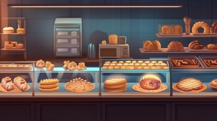 Fototapeta na wymiar Bakery showcase with delicious fresh pastries, buns, bread, long loaf and cakes. Perarni or coffee shop counter with appetizing goods laid out. AI generated