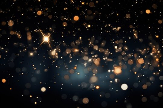 Image of stars floating over light spots on black background, bokeh, blurry, sparks. Made with Generative AI
