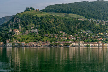 Fototapeta na wymiar Panoramic view of Morcote and Vico, Switzerland, in the morning light