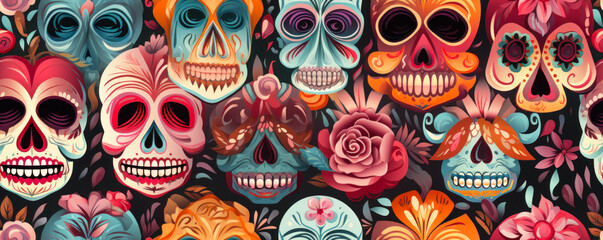 Ornate Mexican Folk Art: Colorful Sugar Skull Pattern for Day of the Dead
