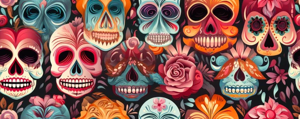 Fototapete Schädel Ornate Mexican Folk Art: Colorful Sugar Skull Pattern for Day of the Dead