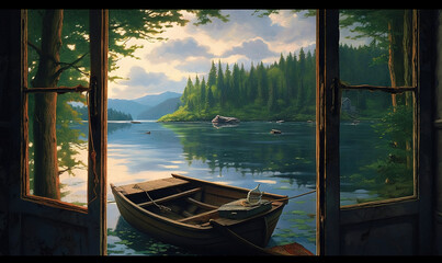  a painting of a boat on a lake with a forest in the background.  generative ai
