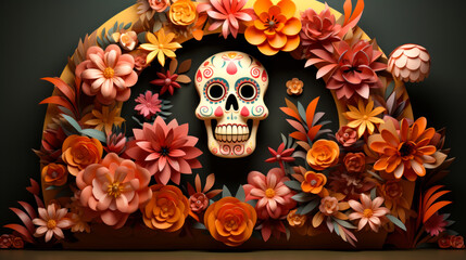 Dia de los muertos podium stage or product display stand. 3d podium stage table with paper cut Day of the dead art elements craft style