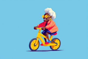 Fototapeta na wymiar cheerful grandmother rides a bicycle. In cartoon style. Active recreation and lifestyle. time for yourself. illustration in flat style.Generative AI
