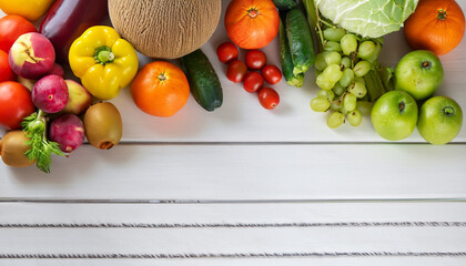 Variety of fruits and vegetables, on the white wooden table, top view, copy space, selective focus
