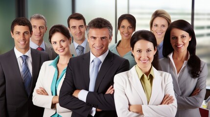 Fototapeta premium Portrait of successful group of business people at modern office looking at camera. Portrait of happy businessmen and satisfied businesswomen standing as a team. Multiethnic group of people smiling.