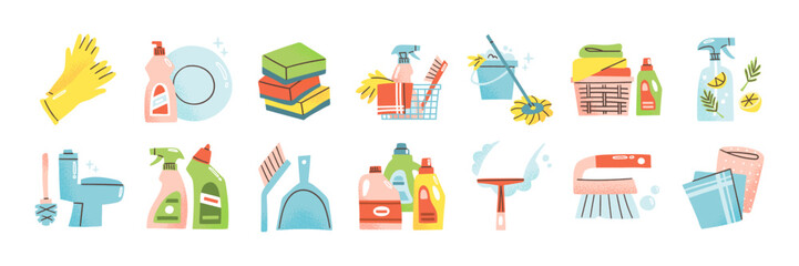 Cleaning supples icon set. Vector illustration of housework concept. Housekeeping items like detergent bottles, laundry, brushes, cloth, bucket and mop in flat style. - obrazy, fototapety, plakaty