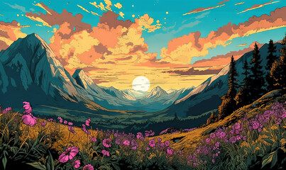  a painting of a sunset over a mountain range with wildflowers.  generative ai