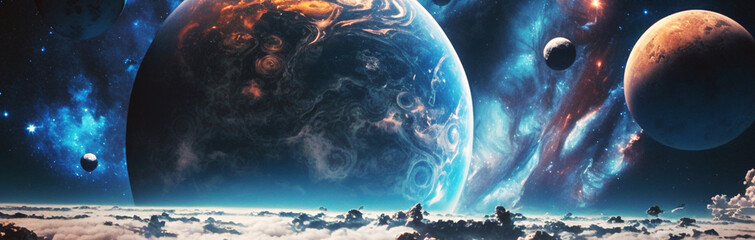 Futuristic image of big planets and stars on blue sky with clouds. Space scene with planets. AI...