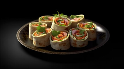 Fototapeta na wymiar mini rolls with red fish and vegetables buffet menu. Generative AI