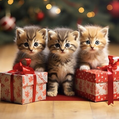 Christmas kittens. gifts, garlands, Christmas, New Year. Generative AI