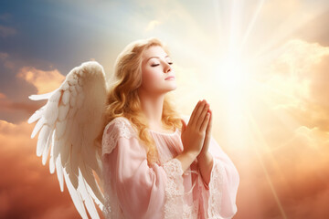 Thank you to God for great is your love. Angel is praying - obrazy, fototapety, plakaty