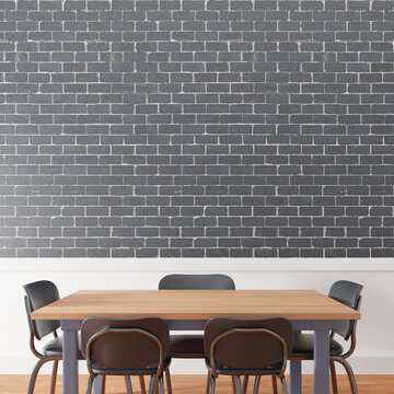 Office table interior design. Brick wall background. 