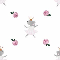 seamless pattern mouse ballerina. cute pattern with a mouse in a skirt and rose flowers around. perfect print for baby textiles, clothing, bedding, wrapping paper.