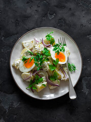 Classic potato salad with boiled egg, red onion and cilantro on a dark background, top view