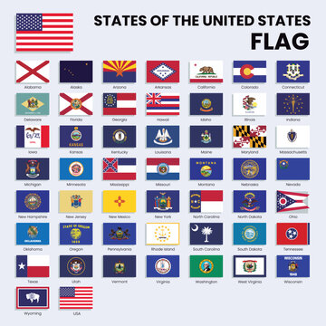 All United States of America flags, All USA States Vector flags, United States Flag, 50 United States Vector Flags, Illustration of USA All-State flags.