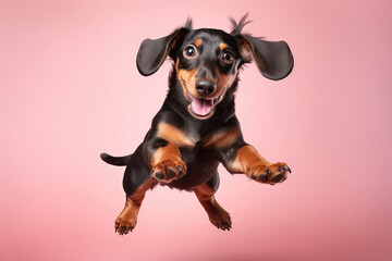 Happy Dachshund Dog In Jumping, In Flight On Pastel Pink Color Background. Generative AI